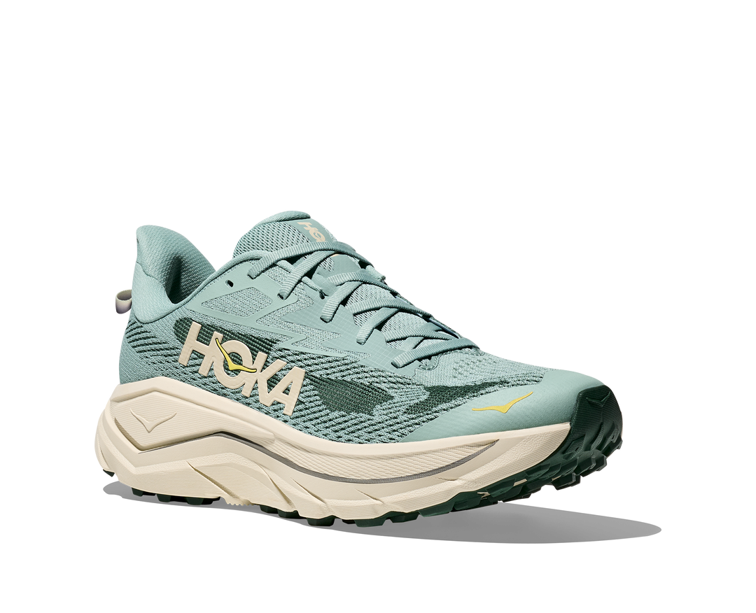 Hoka Challenger 8 Men in Jade / Truffle Salt, front angle view, outer side