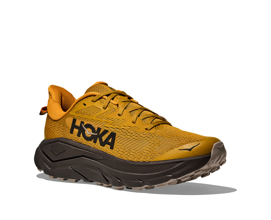 Hoka Challenger 8 Men in Mustard Seed / Black, front angle view, outer side
