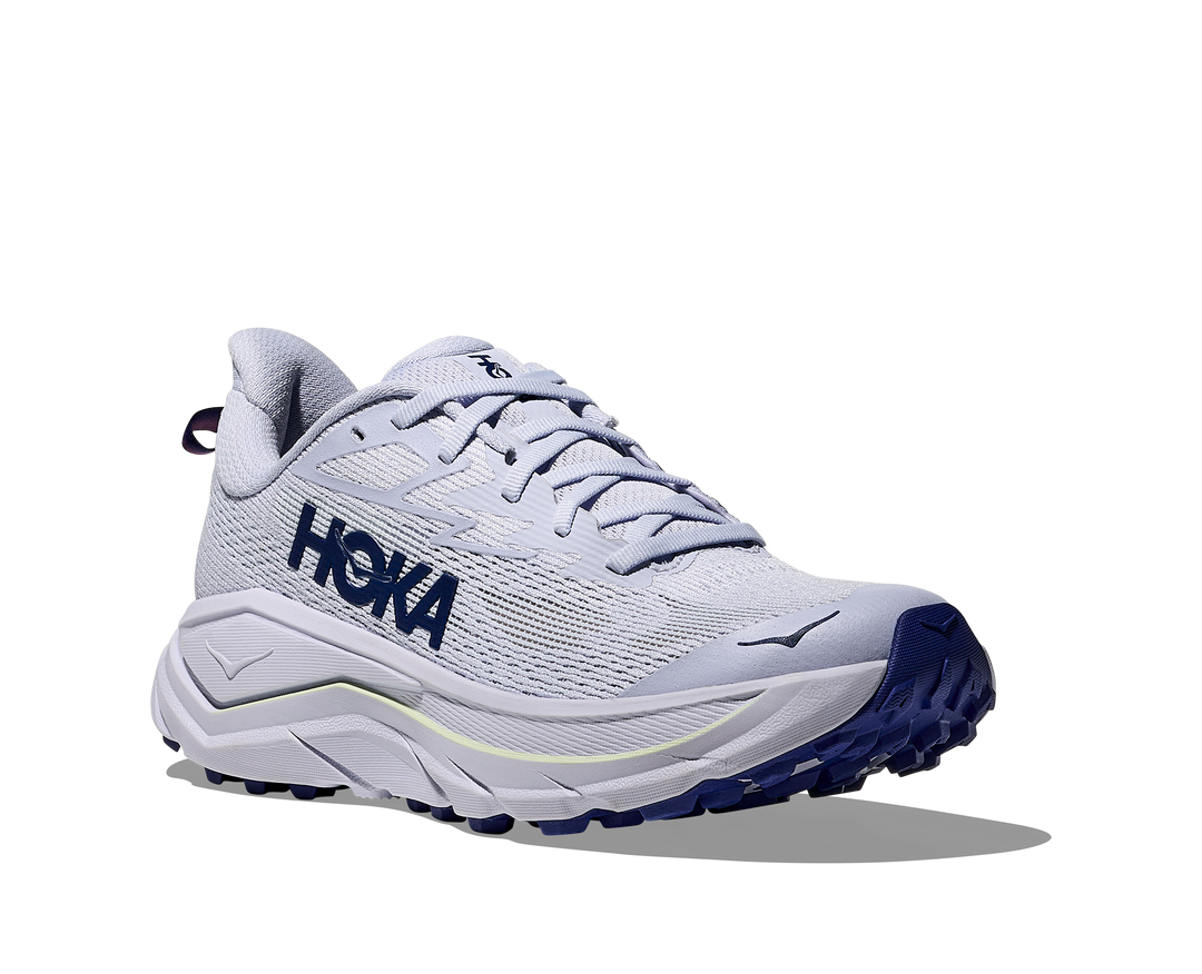 Hoka Challenger 8 Women in Ambient Blue / Blueberry, front angle view, outer side