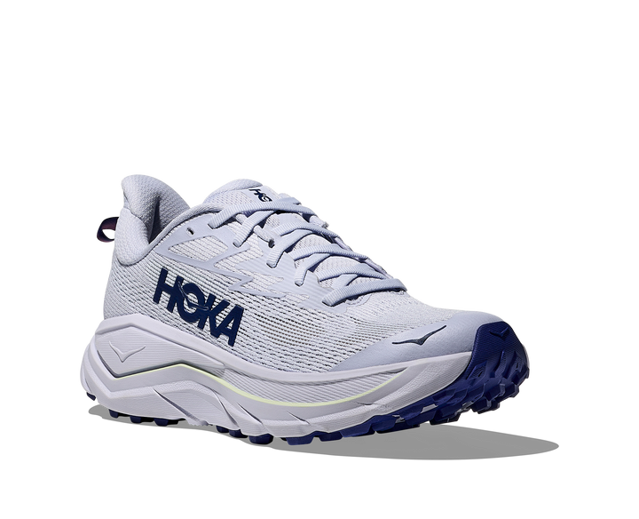 Hoka Challenger 8 Women in Ambient Blue / Blueberry, front angle view, outer side