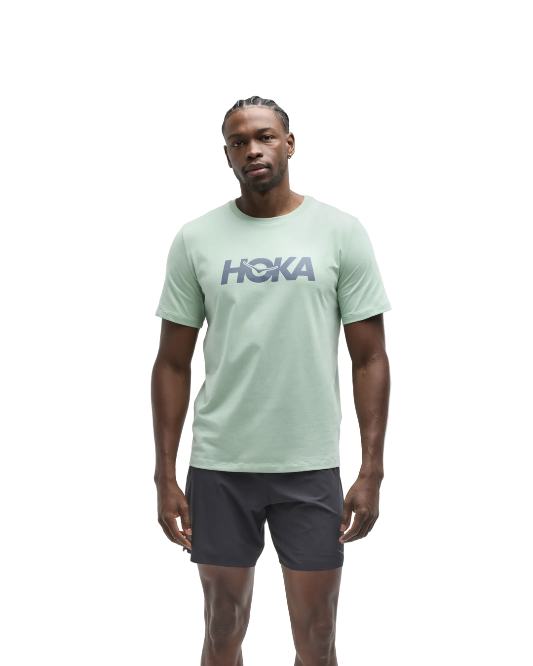 Hoka Core Logo Cotton Short Sleeve Tee Men in Sage, front view