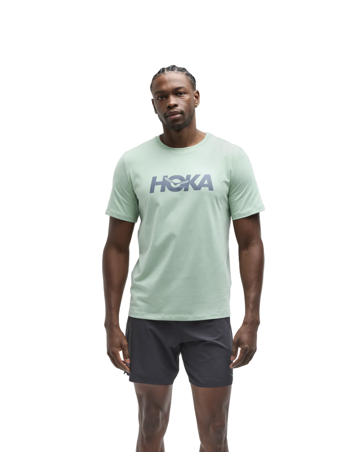 Hoka Core Logo Cotton Short Sleeve Tee Men in Sage, front view