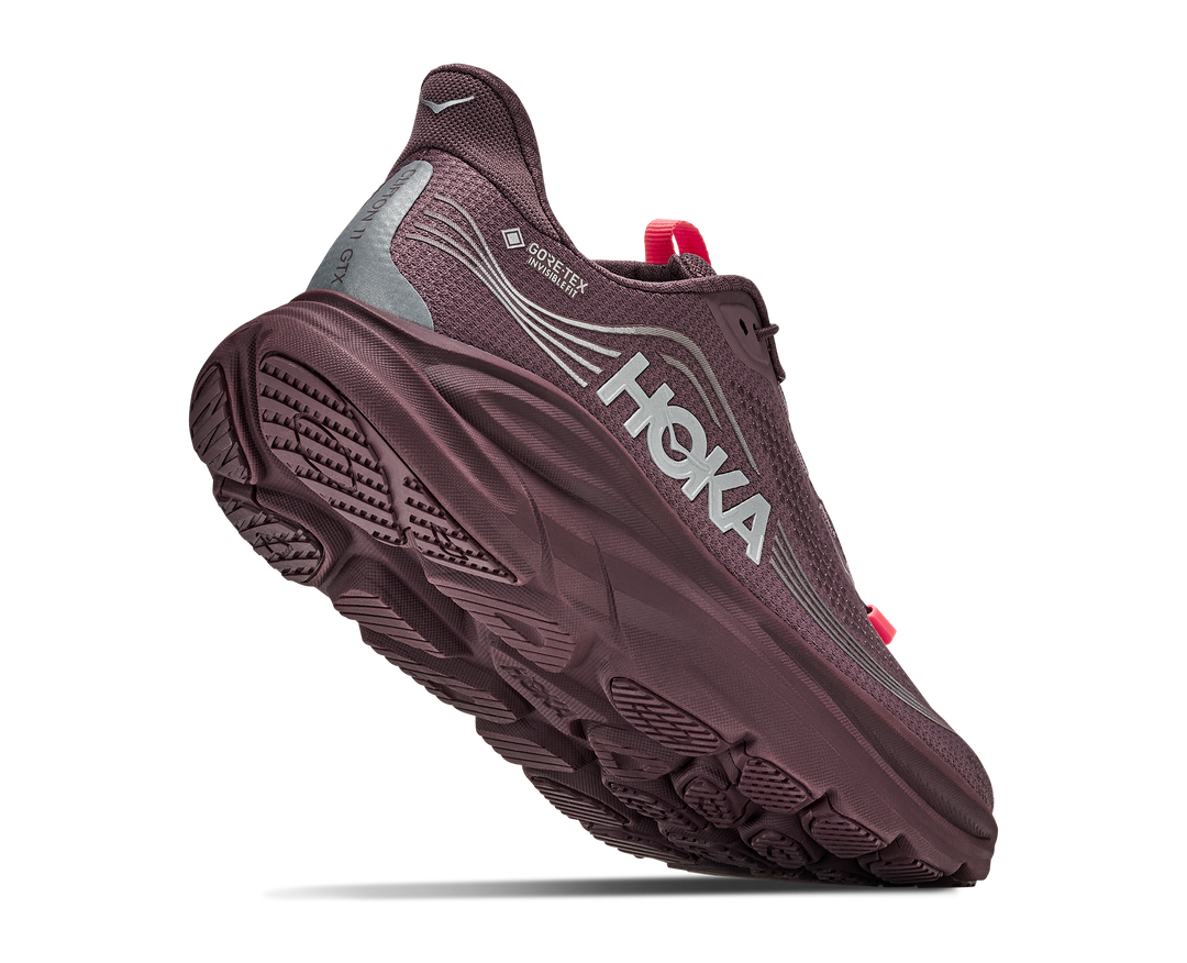 Hoka Clifton 11 GTX Women in Smoky Quartz / Deep Mauve, rear angle view