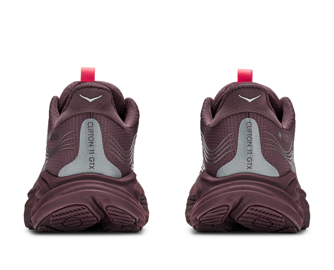 Hoka Clifton 11 GTX Women in Smoky Quartz / Deep Mauve, pair, rear view
