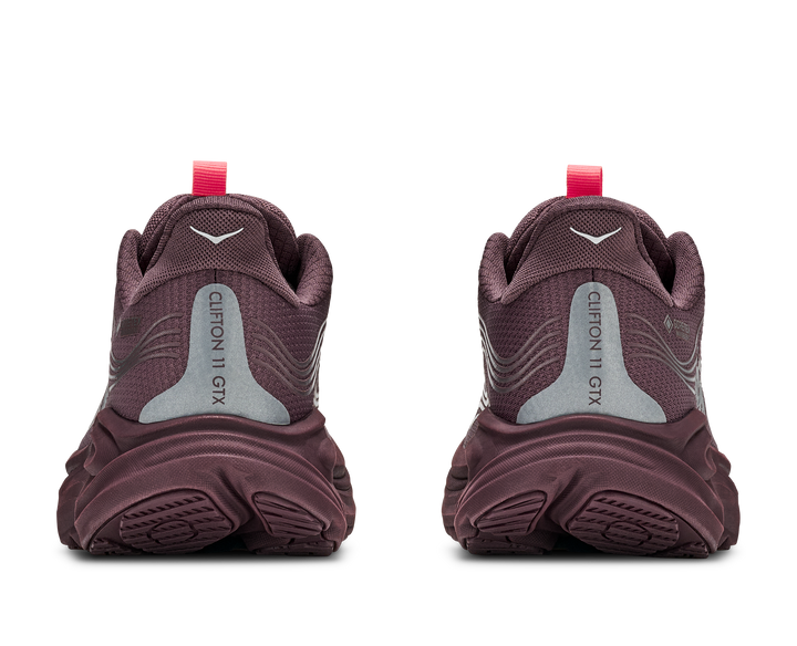 Hoka Clifton 11 GTX Women in Smoky Quartz / Deep Mauve, pair, rear view