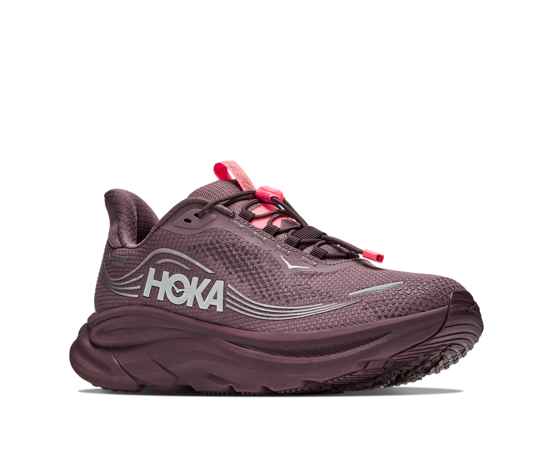 Hoka Clifton 11 GTX Women in Smoky Quartz / Deep Mauve, front angle view, outer side