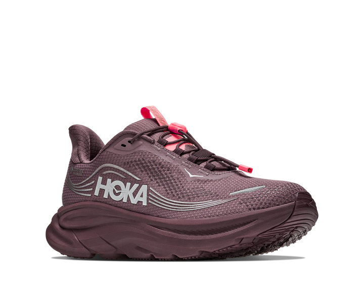 Hoka Clifton 11 GTX Women in Smoky Quartz / Deep Mauve, front angle view, outer side