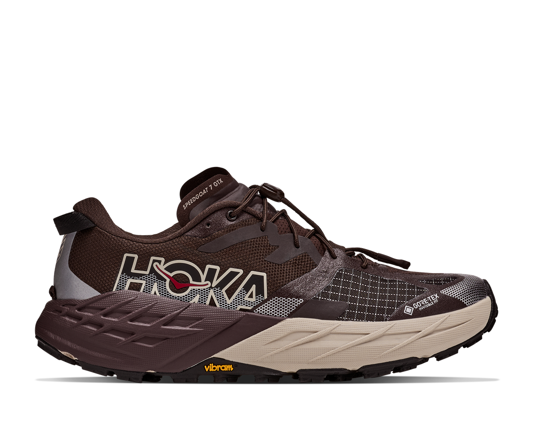 Hoka Speedgoat 7 GTX Men in Spiced Chocolate / River Rock, side view, outer side
