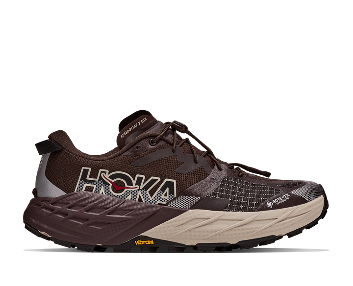 Hoka Speedgoat 7 GTX Men in Spiced Chocolate / River Rock, side view, outer side