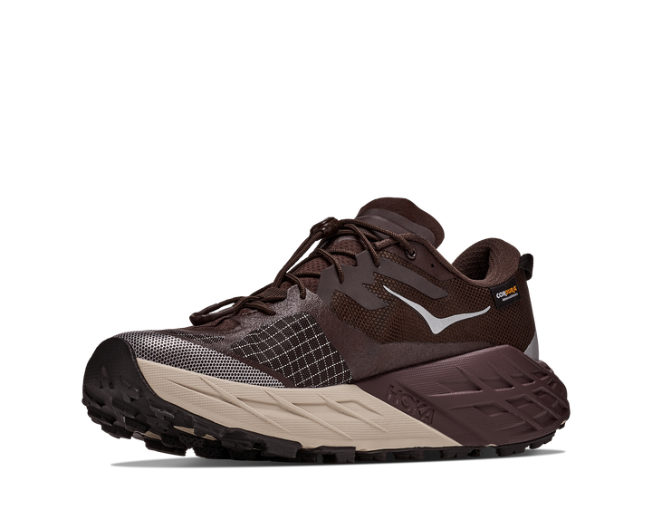 Hoka Speedgoat 7 GTX Men in Spiced Chocolate / River Rock, front angle view