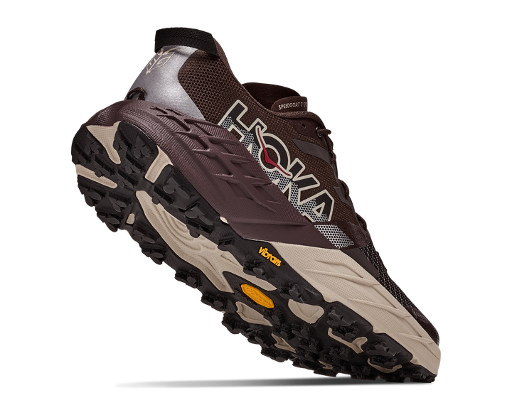 Hoka Speedgoat 7 GTX Men in Spiced Chocolate / River Rock, rear angle view
