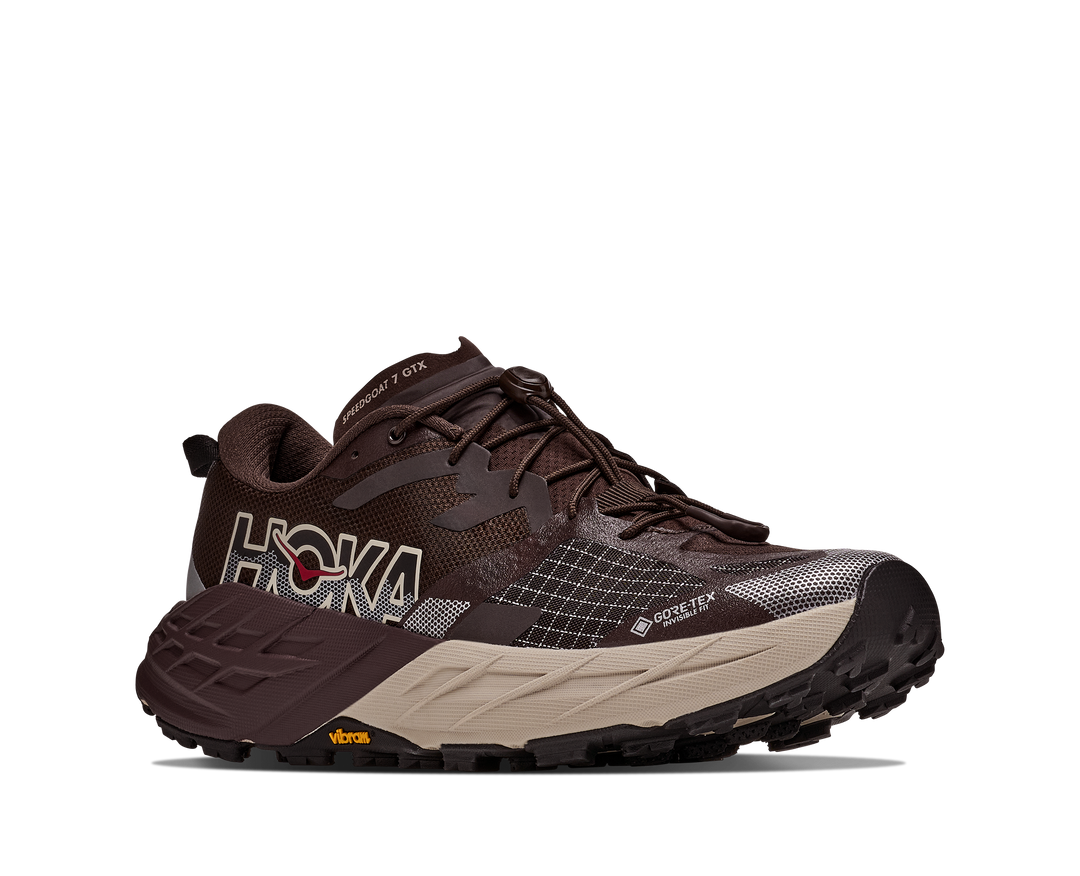 Hoka Speedgoat 7 GTX Men in Spiced Chocolate / River Rock, front angle view, outer side