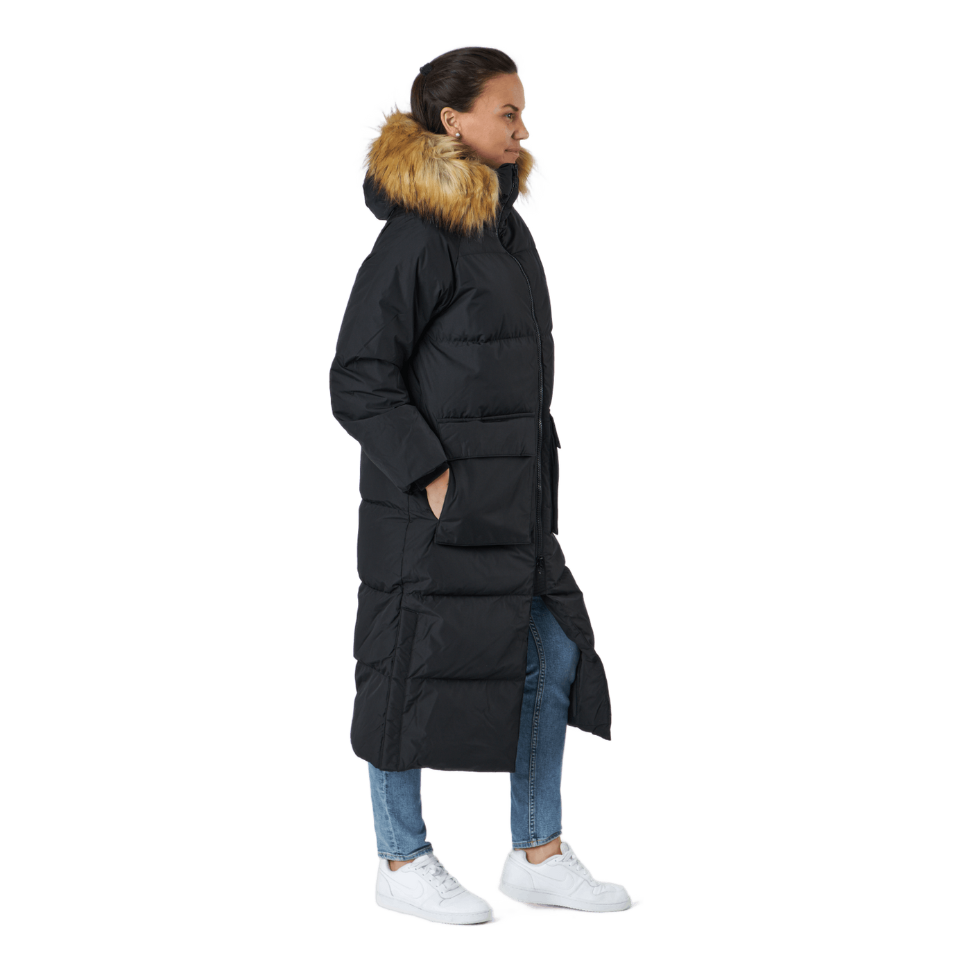 W. Loose Fur Hood Coat Black