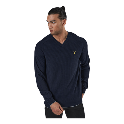 Grid Texture V Neck Jumper Blue